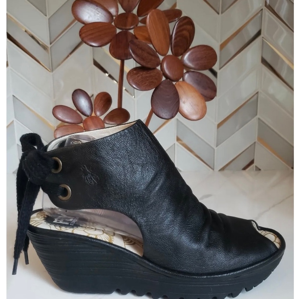 Fly London Yame Slouch Ankle Bootie 39 EU 8-8.5 US Black Leather Peep Toe Wedge